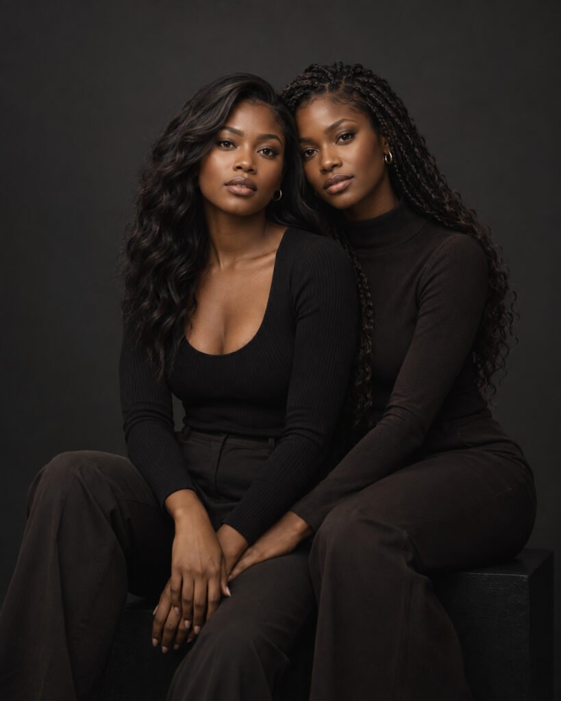 Two sisters in black seated close together with their hands resting in their laps, women’s portrait