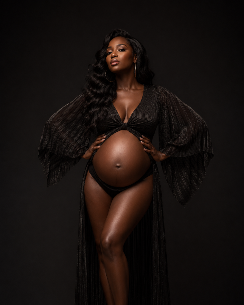 Expectant mother in a flowing gown, fine-art maternity portrait by TEMI JOHNSON in Hamilton, Ontario