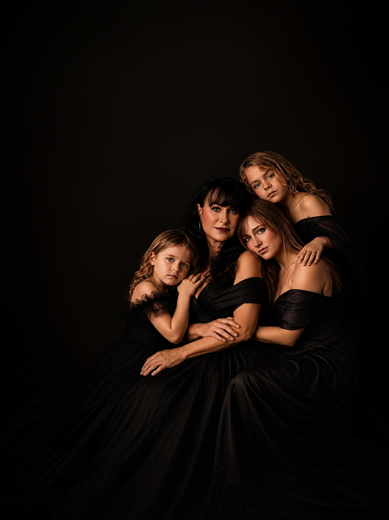 Mother embracing her three young daughters in black dresses against a dark backdrop, family portrait