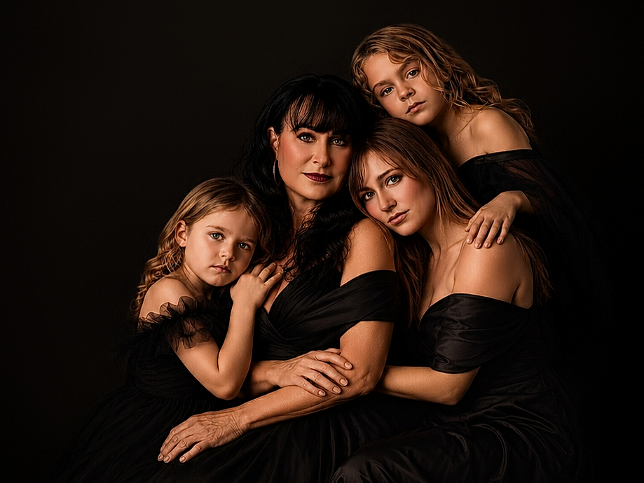 Mother and three daughters seated together in black clothing against a dark studio background.