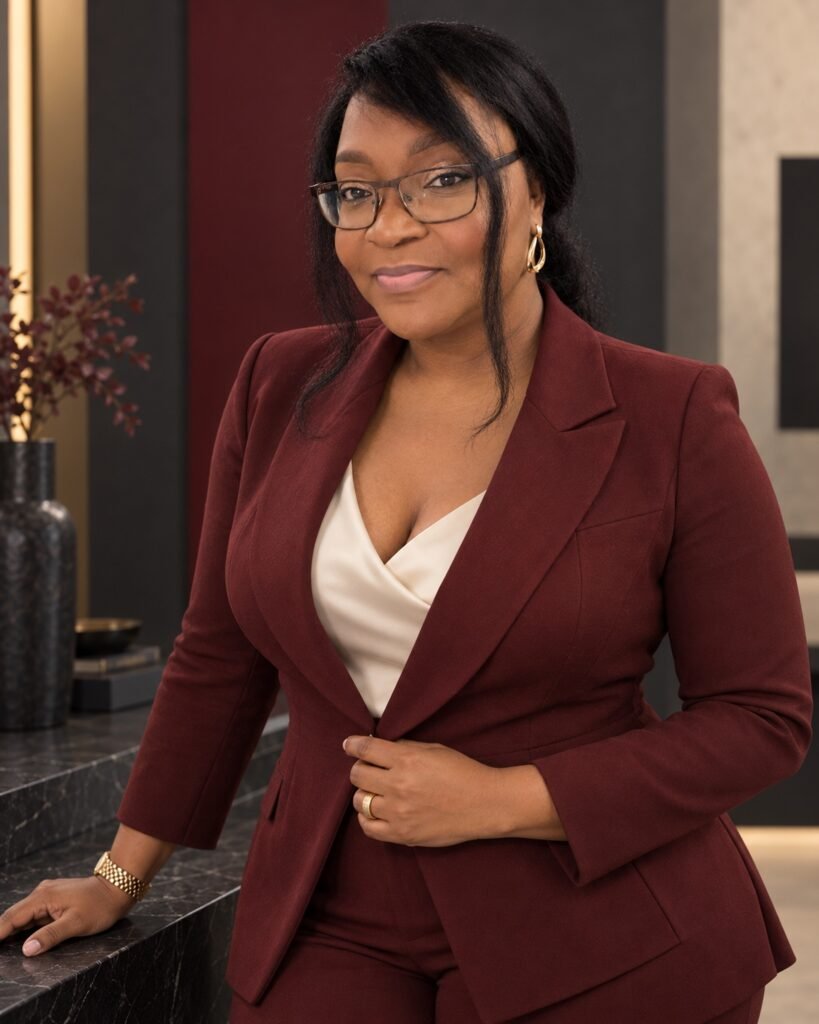 Portrait artist Temi Johnson in a burgundy suit in her Hamilton studio, smiling at the camera