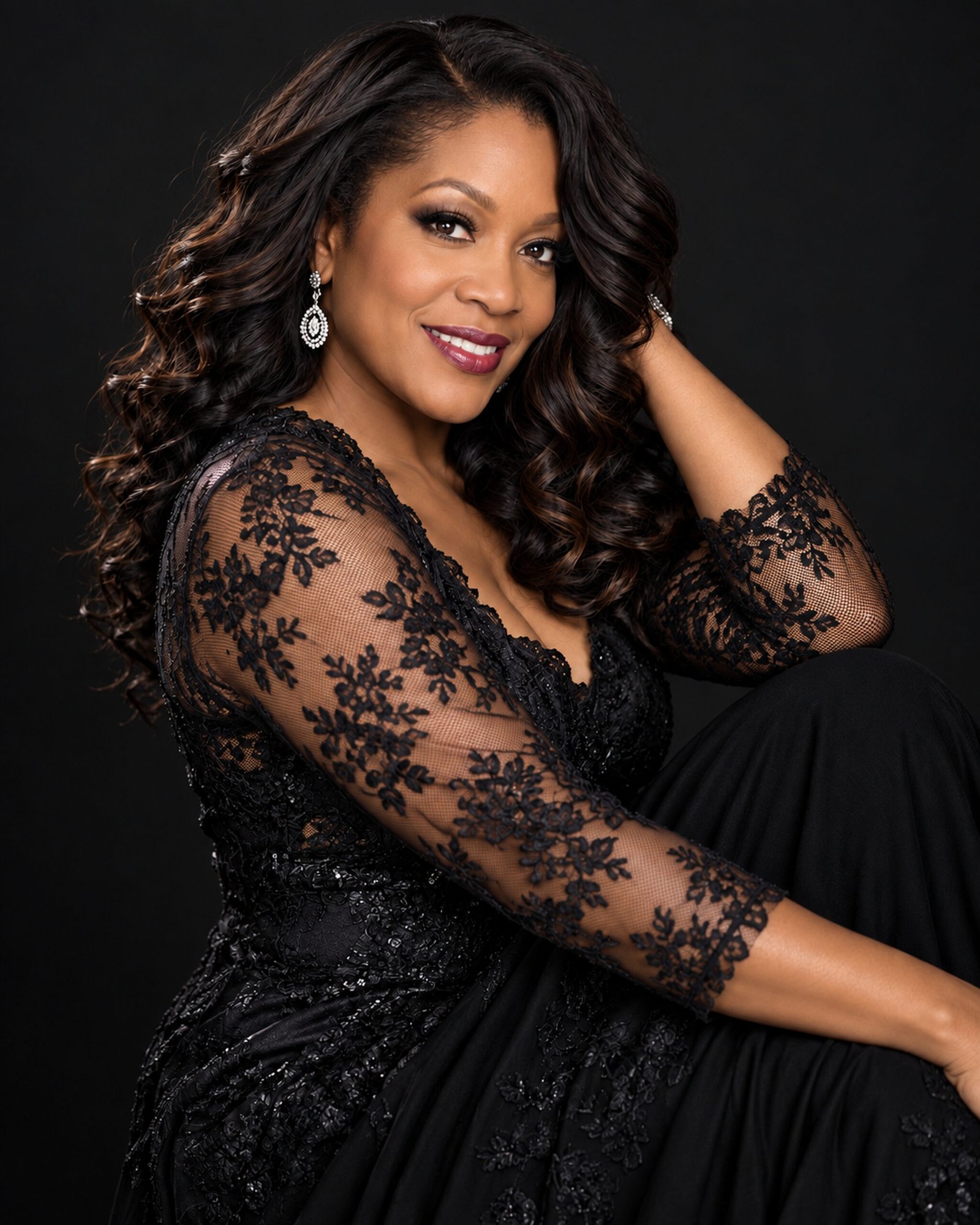 Woman in a black lace gown seated against a dark backdrop, smiling straight at the camera, women’s portrait