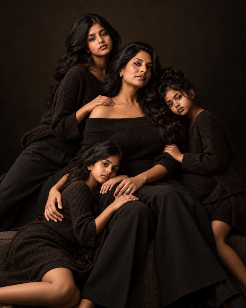 Mother and her three daughters in black gathered close, hands resting on one another’s shoulders, family legacy portrait