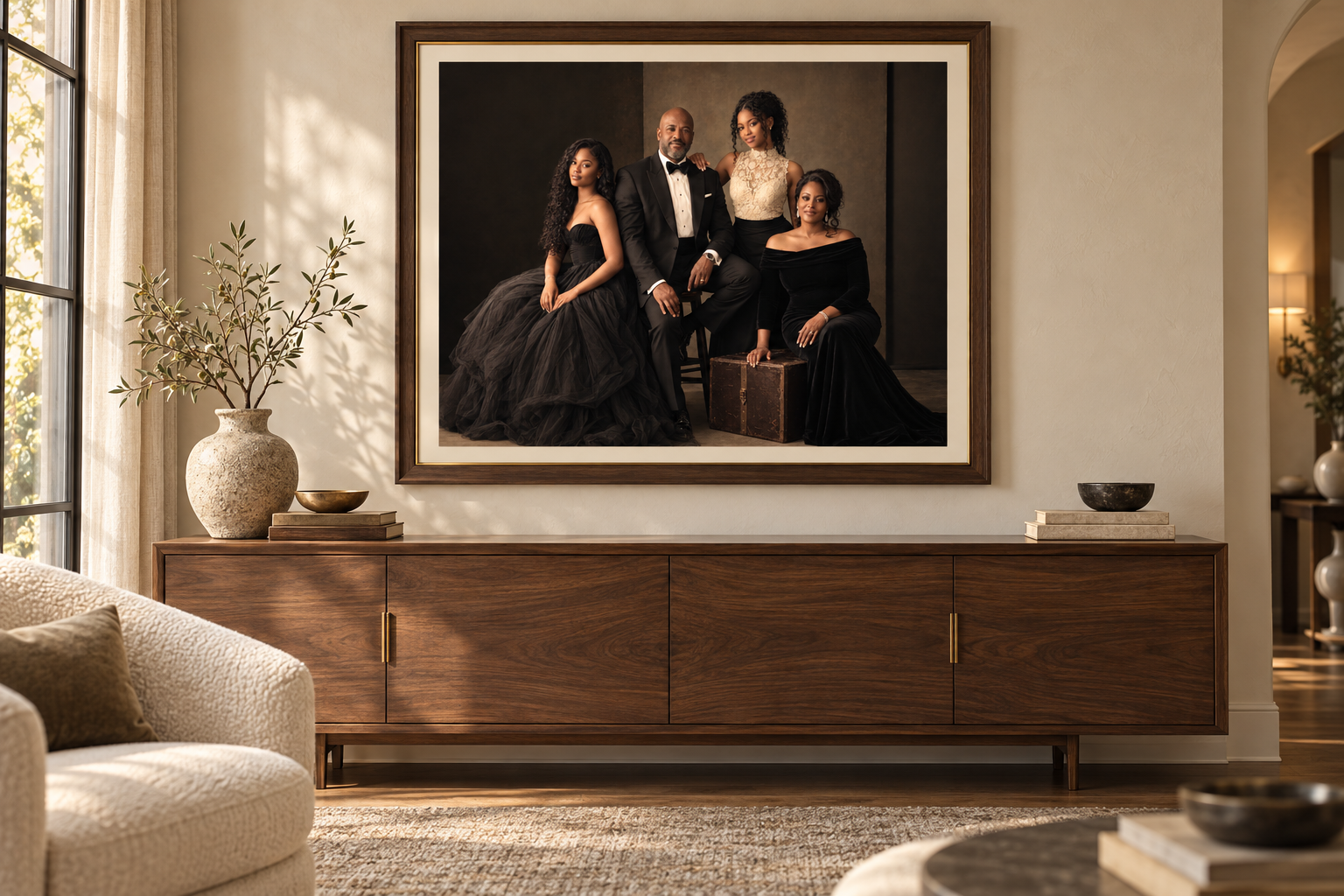 Framed fine-art family portrait hanging above a walnut sideboard in a softly lit living room
