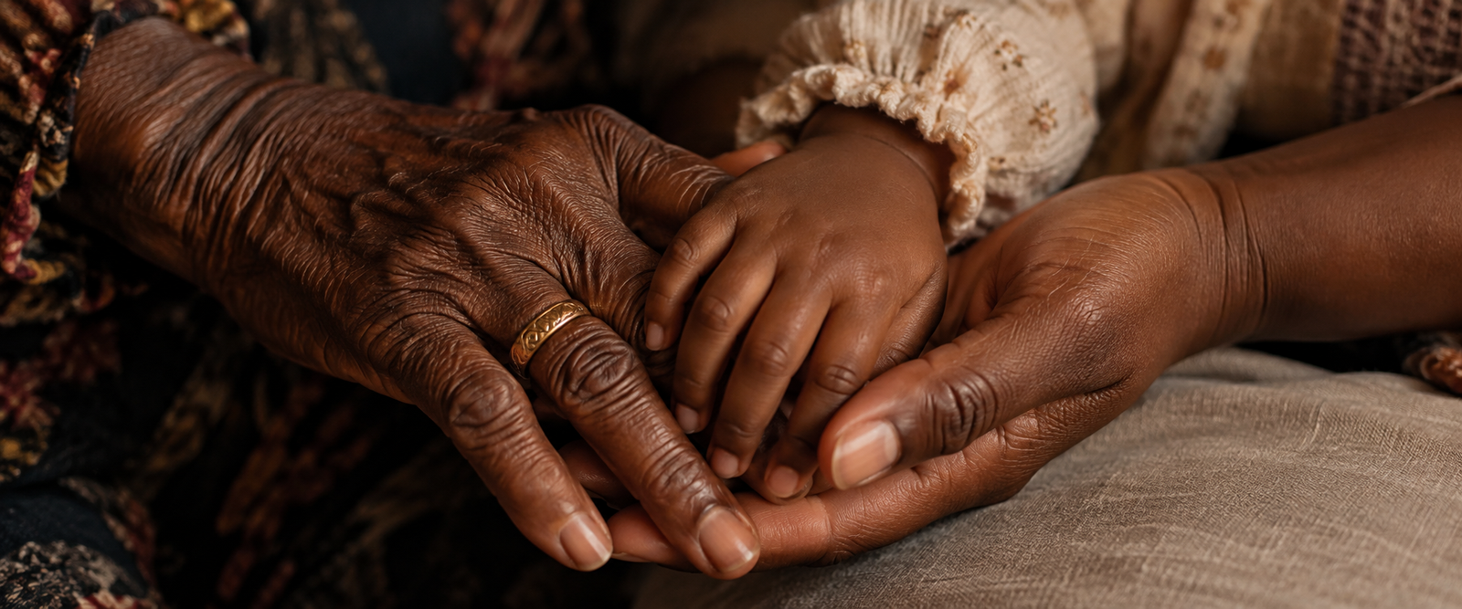 Hands of three generations held together in a family legacy portrait