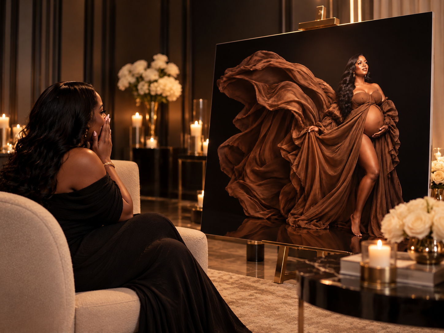 Expectant mother seated in a softly lit room looking at her framed fine-art maternity portrait