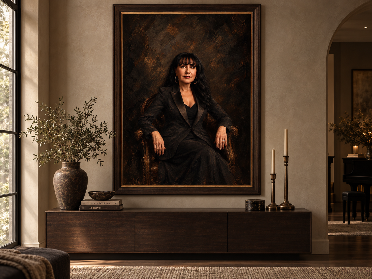 Framed fine-art portrait of a woman hanging above a walnut console in a softly lit room
