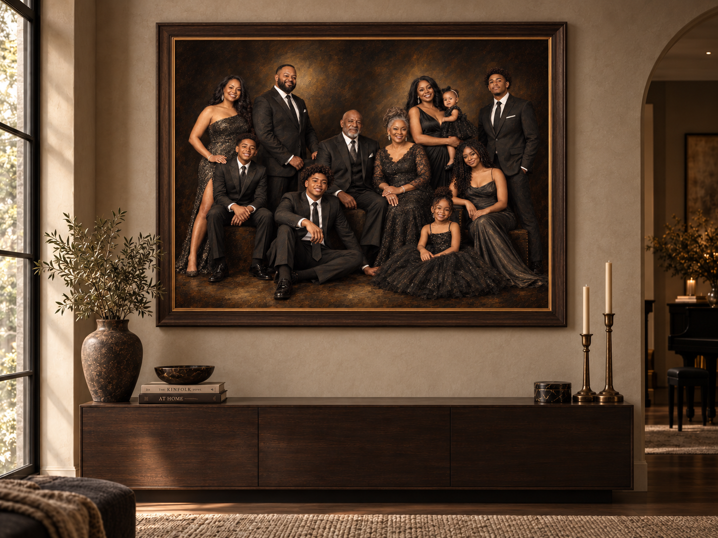 Large framed multigenerational family portrait hanging above a walnut console in a warm, softly lit room