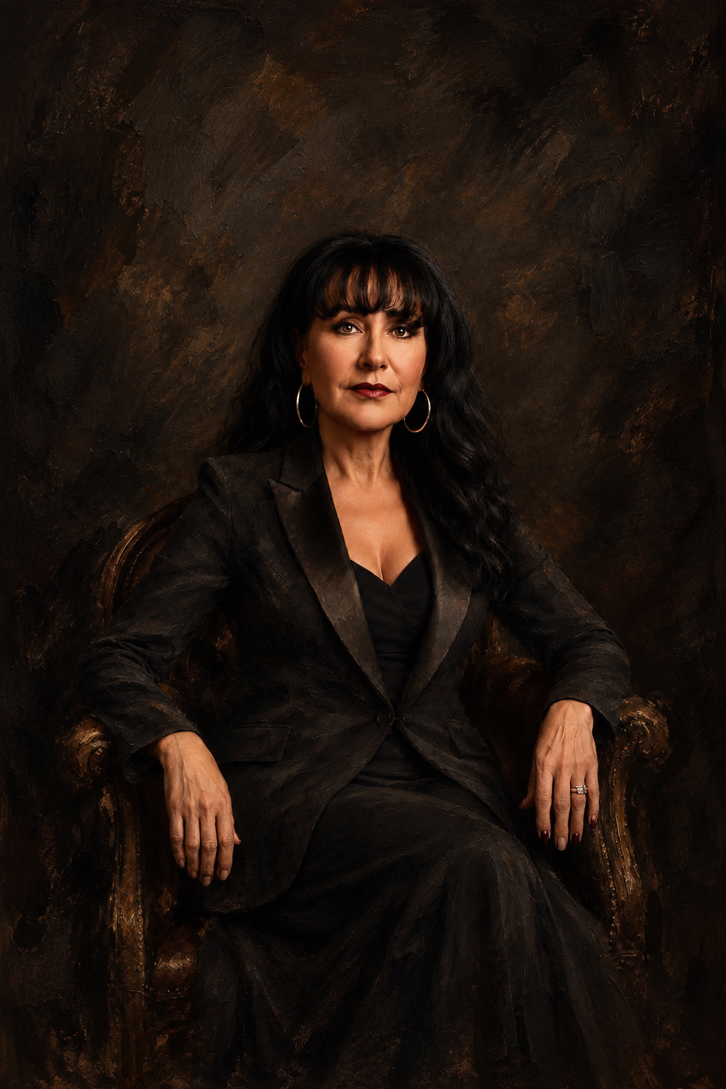 Woman in her fifties in a black blazer seated against a dark backdrop, natural skin texture softly lit, women’s portrait
