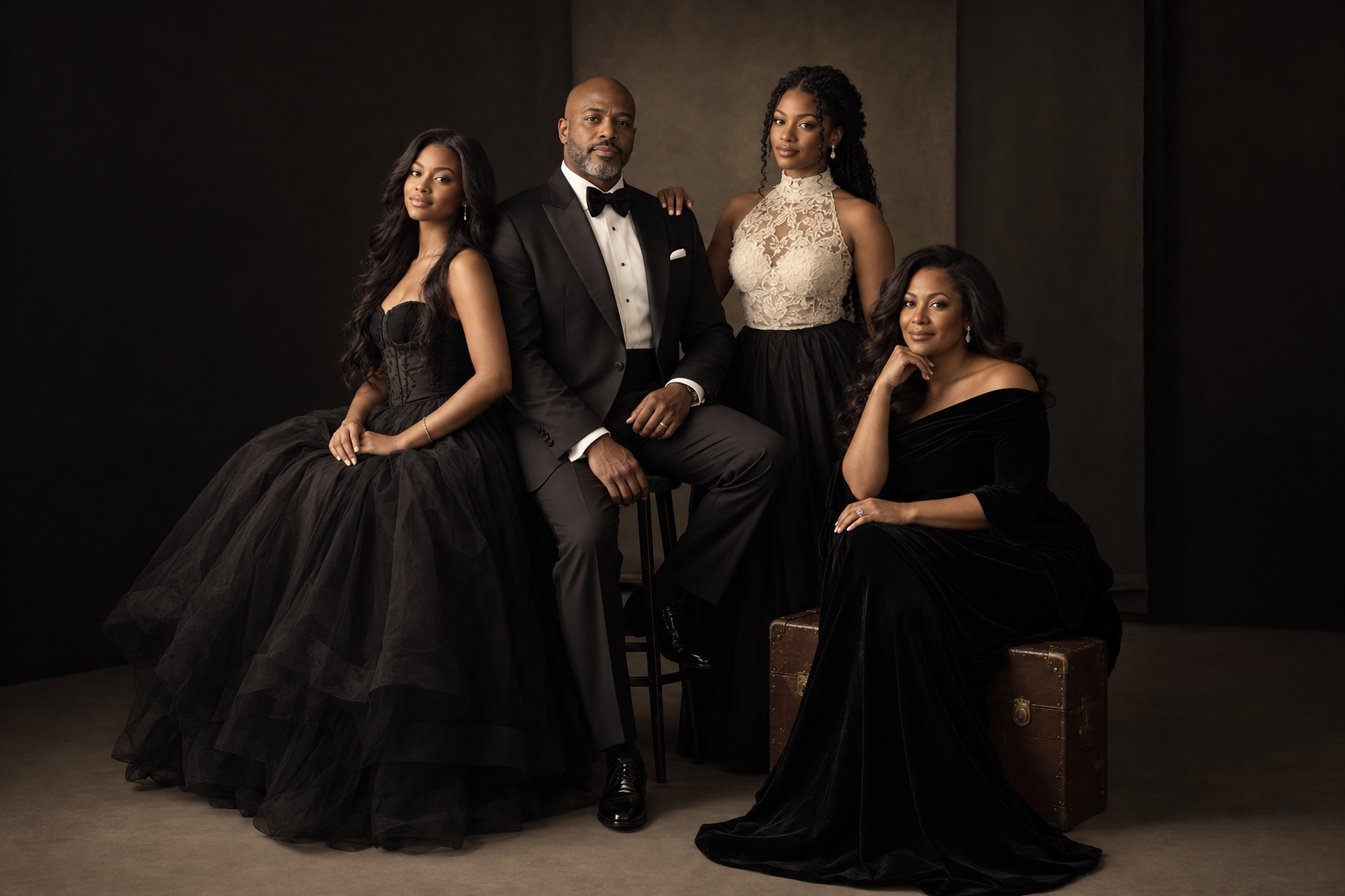 A family of three generations standing close together in a dim studio, heirloom family portrait