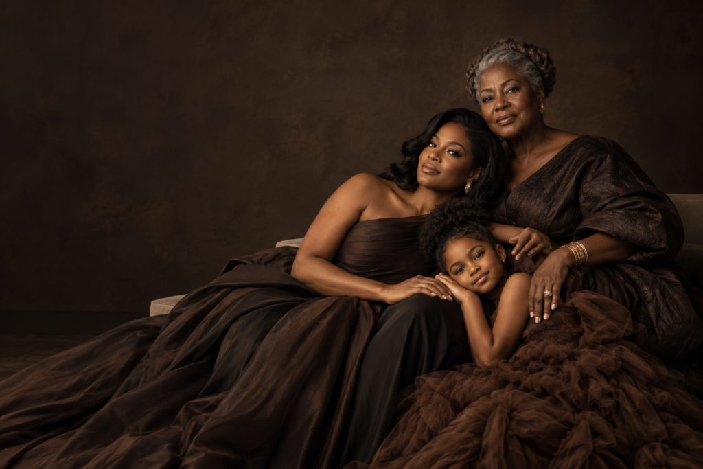 Grandmother, mother and daughter in brown gowns, multigenerational family portrait by TEMI JOHNSON in Hamilton, Ontario